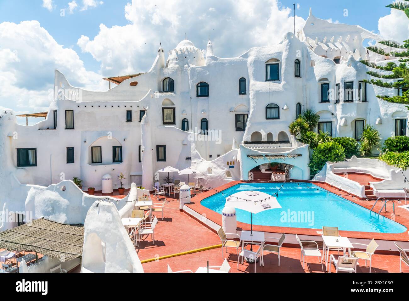 Pool and terrace of the famous Casapueblo, the Whitewashed cement and stucco buildings near the town of Punta Del Este, Uruguay, January 28th 2019 Stock Photo