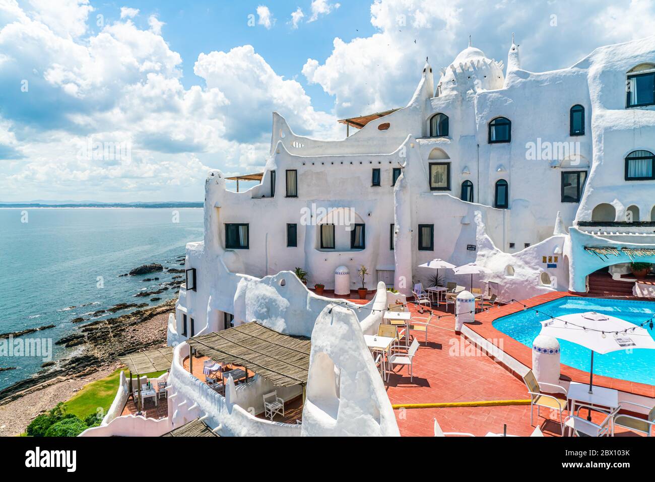 Pool and terrace of the famous Casapueblo, the Whitewashed cement and stucco buildings near the town of Punta Del Este, Uruguay, January 28th 2019 Stock Photo