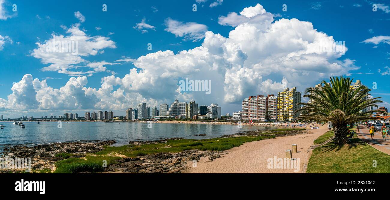 Tourist walking on Rambla (street) Claudio Wiliman towards a beach of Punta Del Este, Uruguay, January 28th 2019 Stock Photo