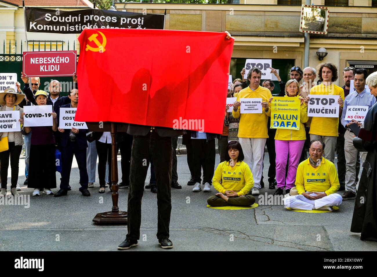 Performance to stage 'Trial of Communist Party of China' on the occasion of 31st anniversary of Tiananmen Square massacre, in which Chinese soldiers killed more than 1000 demonstrating students in June 1989, was held outside Embassy of China in Prague, Czech Republic, on June 4, 2020. (CTk Photo/Roman Vondrous) Stock Photo