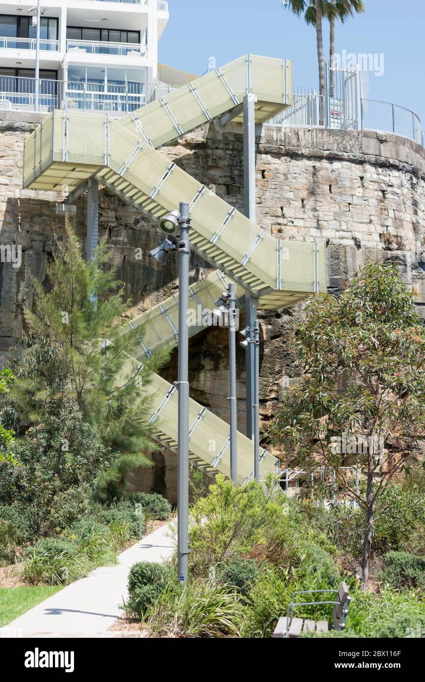 A cliff side staircase to Sub Base Platypus in Neutral Bay, Sydney the newly renovated former Australian Navy submarine base now open to the public. Stock Photo