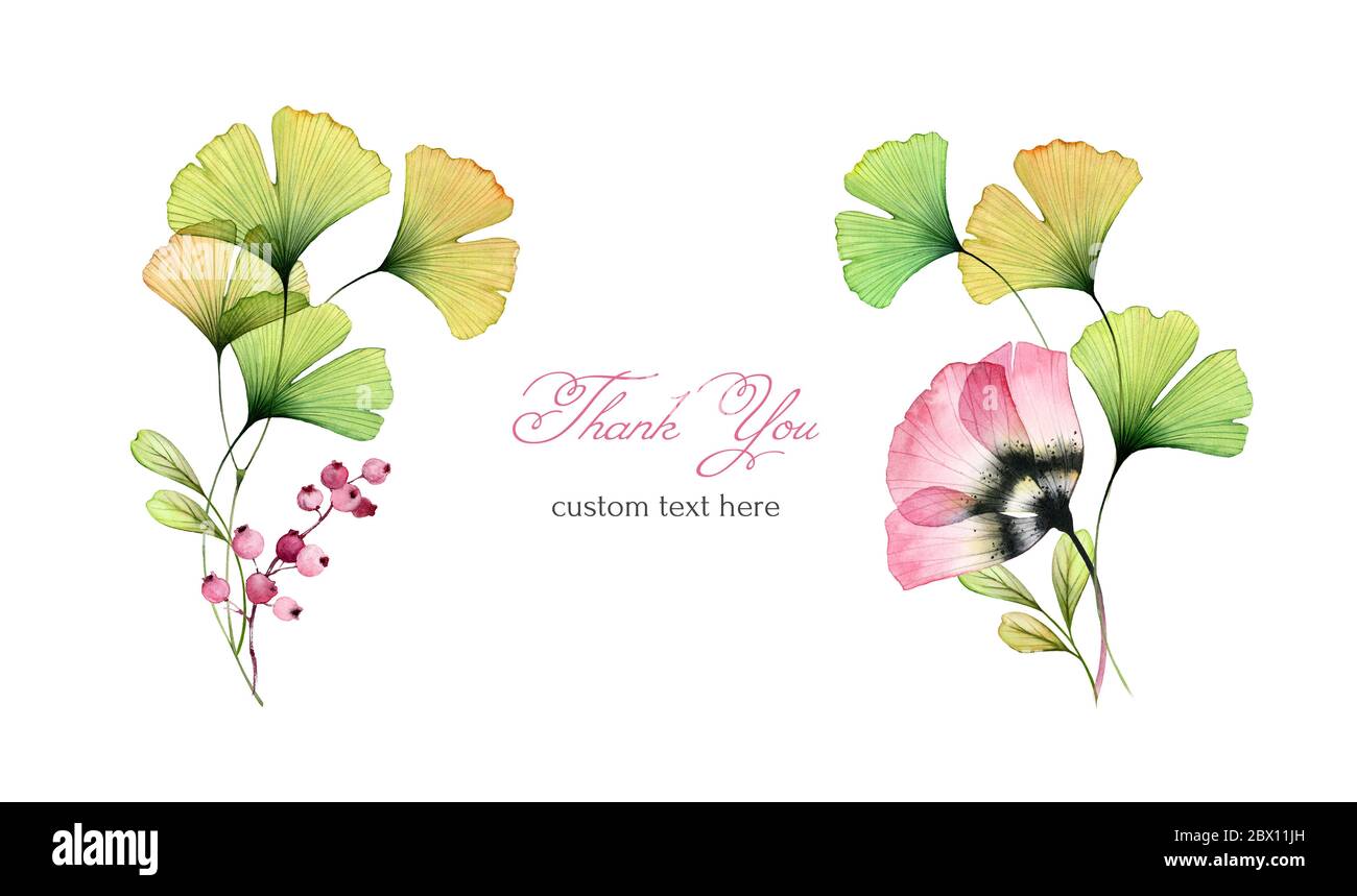 Watercolor floral background. Big field flowers, tulips, gingko leaves. Horizontal arrangement. Thank You Card template with place for custom text Stock Photo