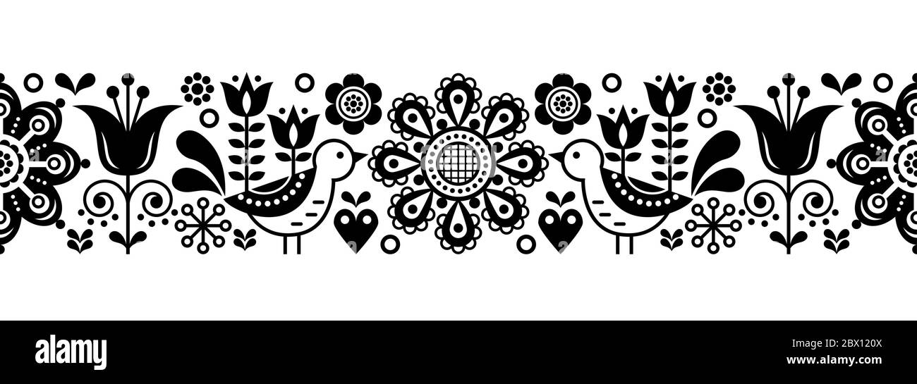 Scandinavian seamless vector pattern with flowers and birds, Nordic folk art repetitive black and white ornament Stock Vector