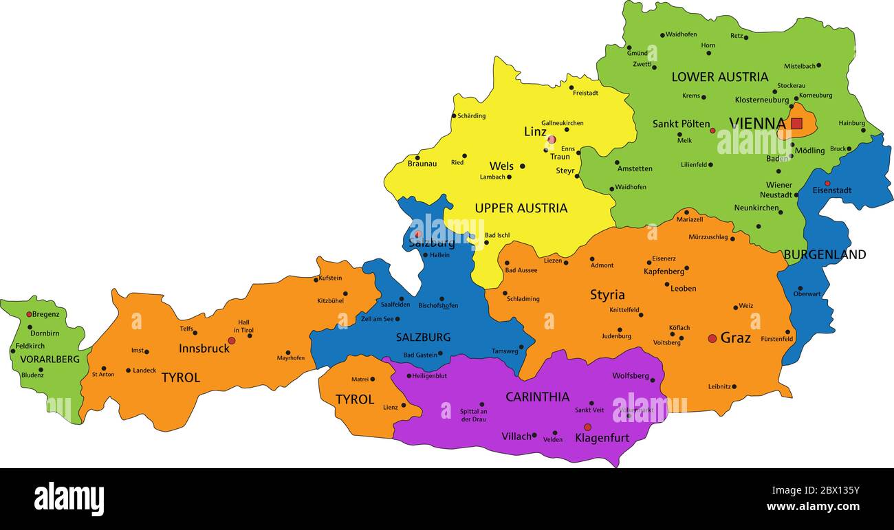 Colorful Austria Political Map With Clearly Labeled Separated Layers 