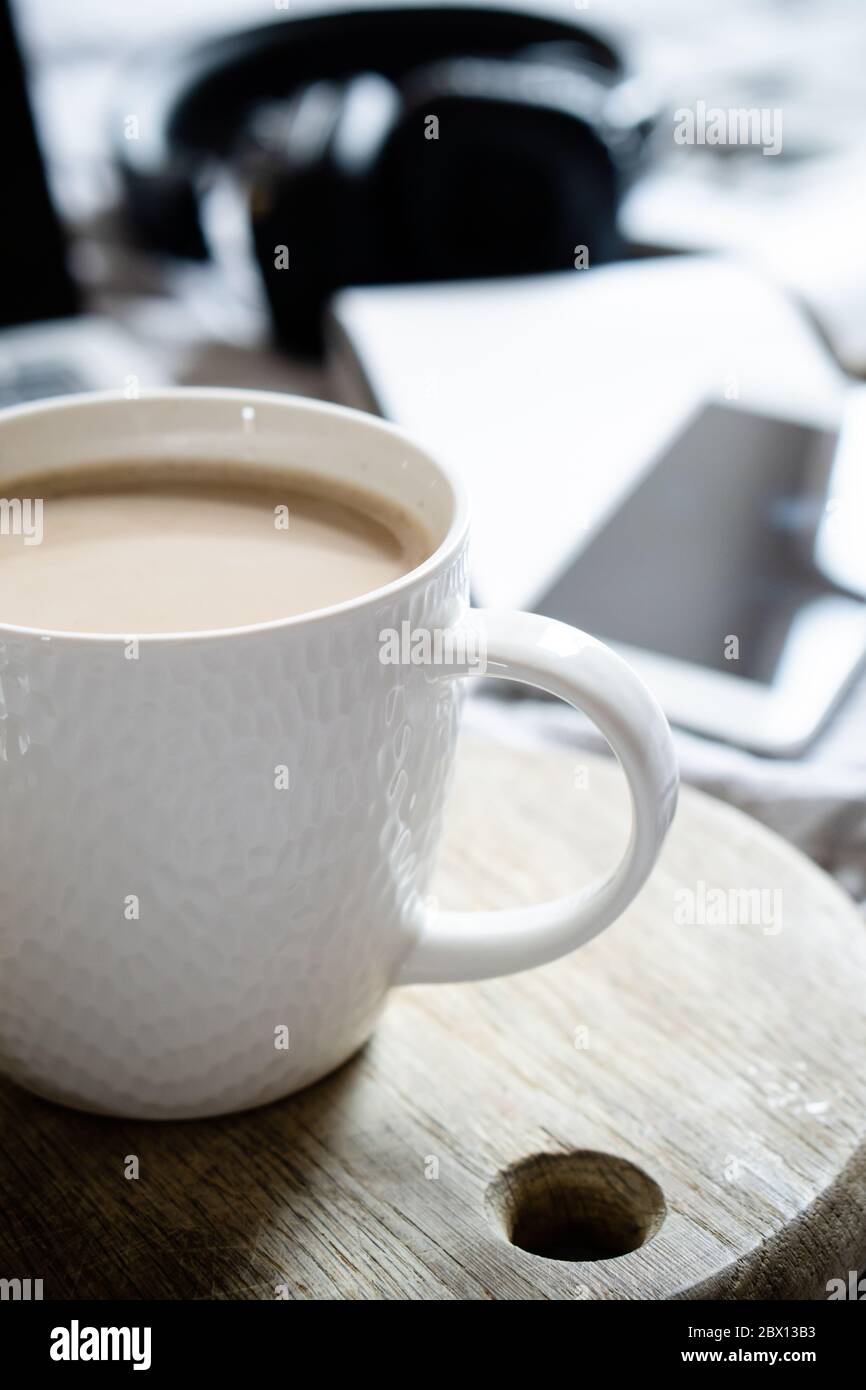 Download Real Home Workplace Laptop With Cup Of Coffee With Cookies On Bed With Cozy Blanket Stock Photo Alamy