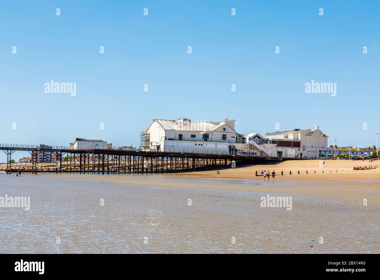 The pier and part sandy part stony shingle beach on the seafront at Bognor Regis, a seaside town in West Sussex, south coast England on a sunny day Stock Photo