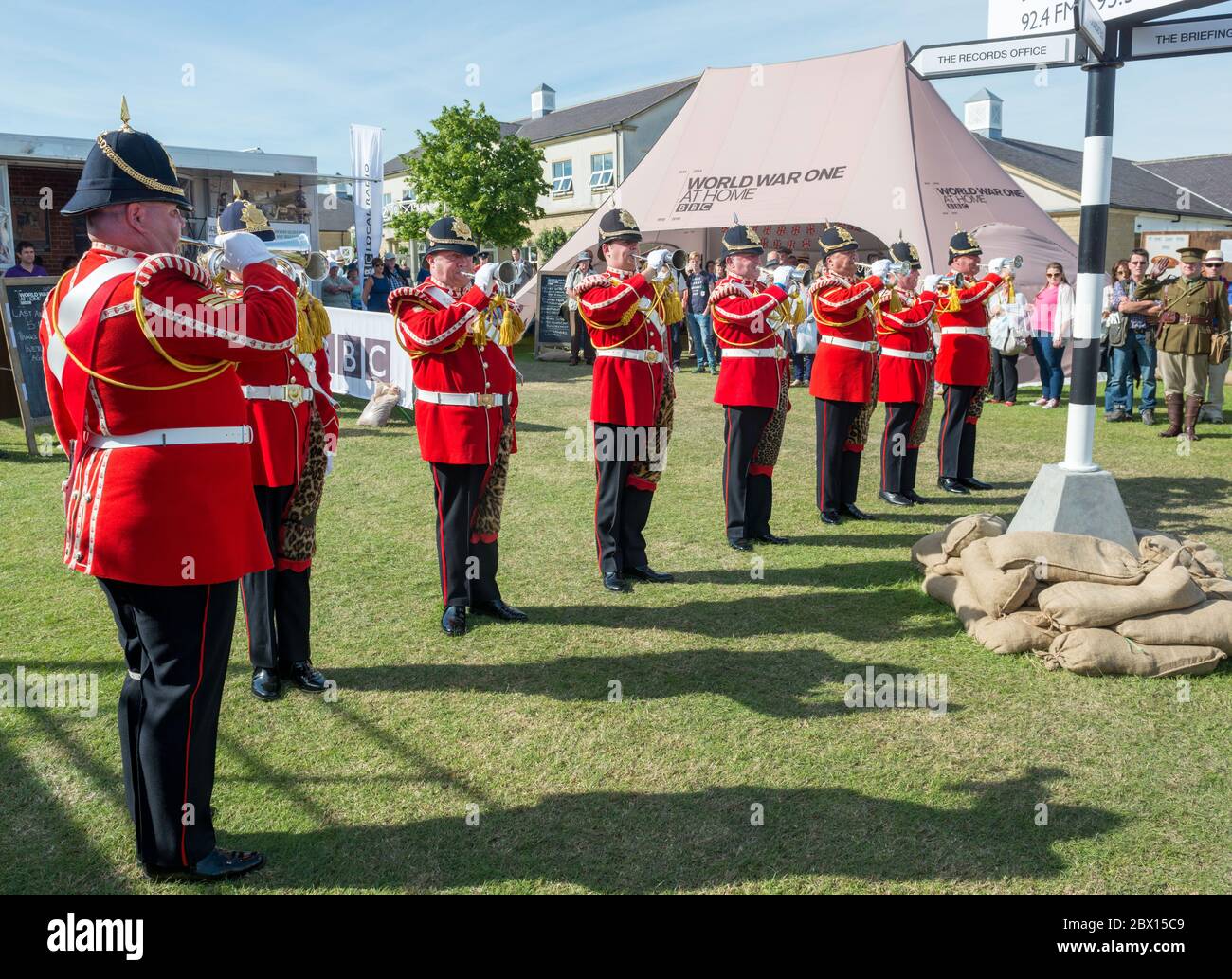 Buglers of the Yorkshire Volunteers Band in traditional scarlet tunics playing at the Great Yorkshire Show Stock Photo