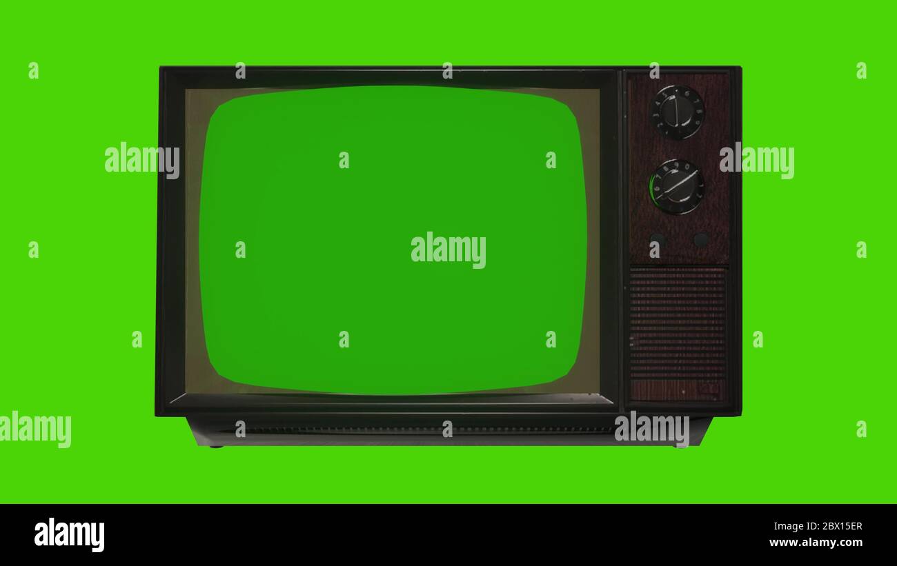 Old Vintage Television with Green Screen Zoom. 80s Television with Green Screen. Stock Photo