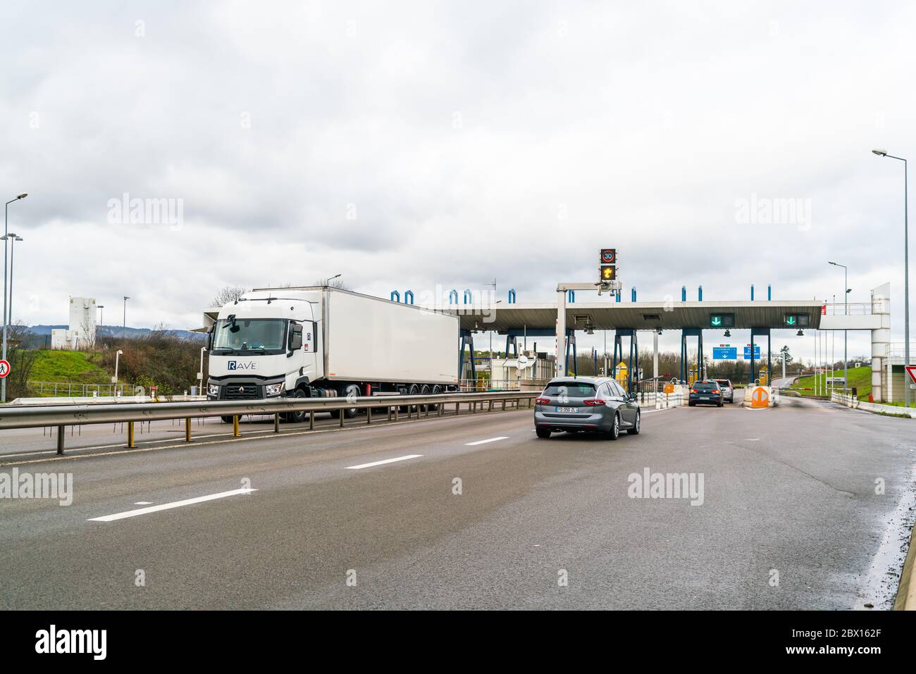 Macon, France 4th jan 2020 - Gare de (toll station of) Macon Sud on the A6  Highway also known as the route du soleil (way to the sun) in the center pa