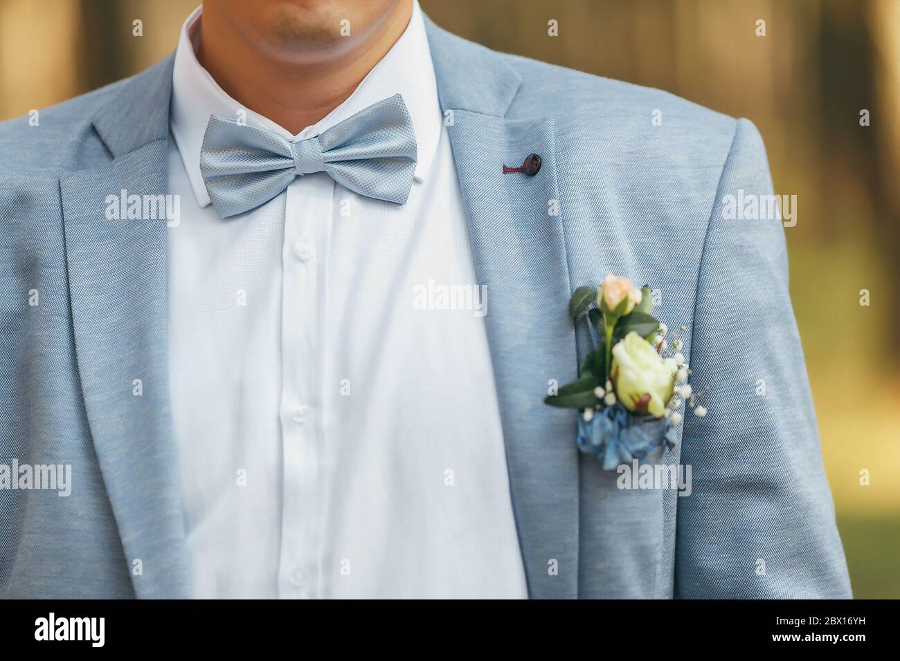 Groom in a blue jacket with a blue bow-tie. On the jacket is a boutonniere of roses Stock Photo