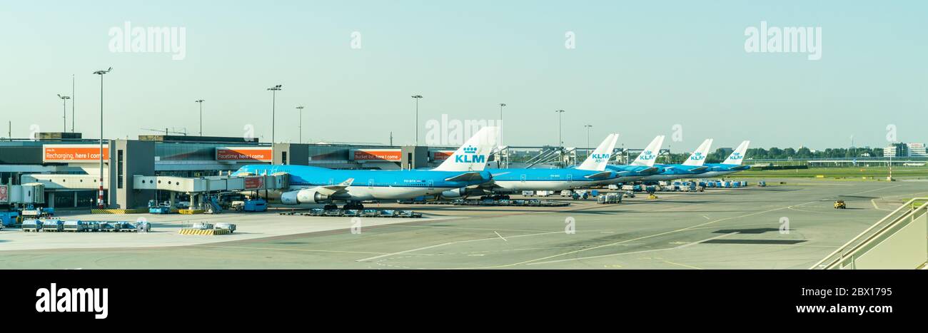 Row of KLM planes at Schiphol airport in the Netherlands Stock Photo