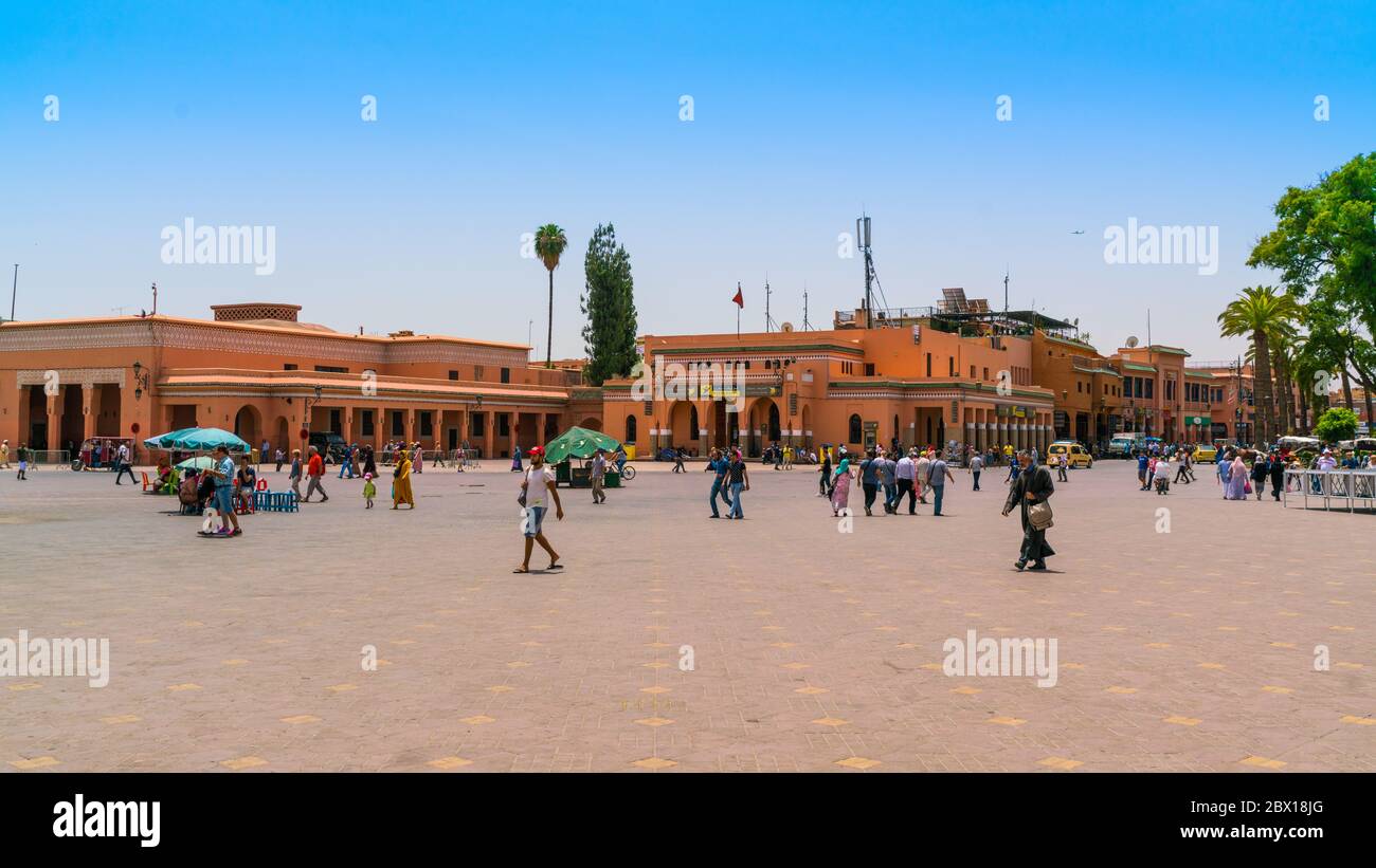 Marrakech, Morocca May 18 2017: Tourists and locals strawling over the Jamma El-Fna square in the centre of Marrakech Stock Photo