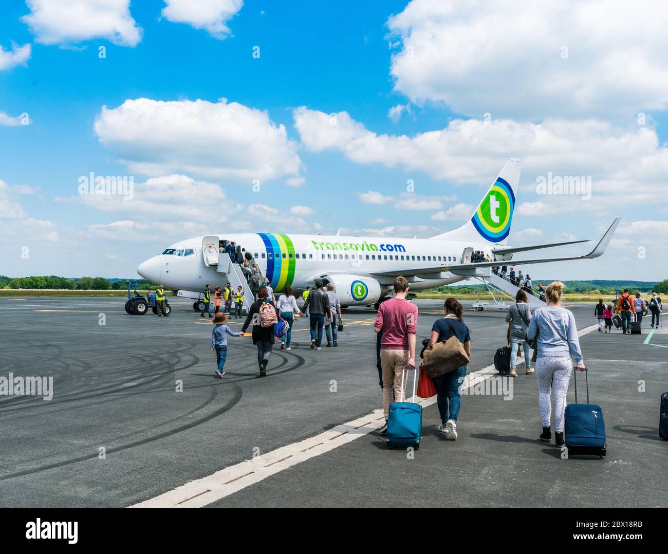 Bergerac, France, May 8, 2017: passengers boarding Transavia Boeing 737-700 flight at Bergerac airport Stock Photo
