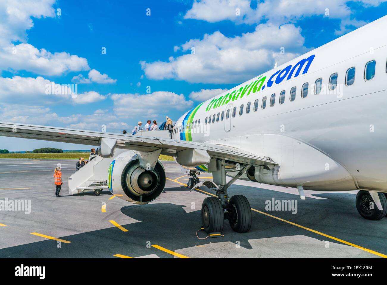 Bergerac, France, May 8, 2017: passengers boarding Transavia Boeing 737-700 flight at Bergerac airport Stock Photo