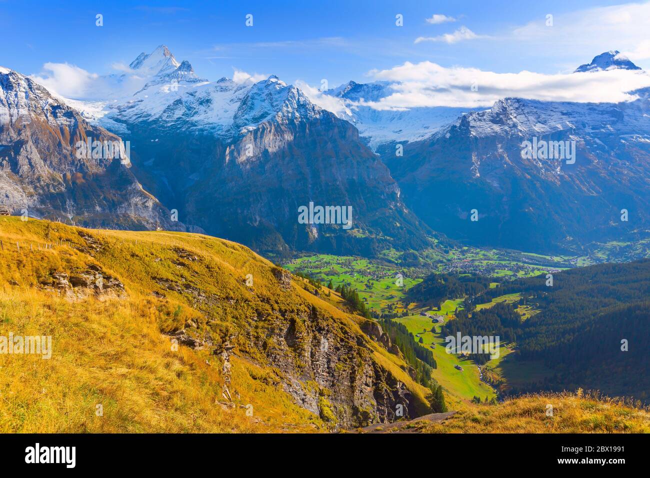 Swiss alpine mountain landscape, snowy peaks, Grindelwald valley, Switzerland Stock Photo