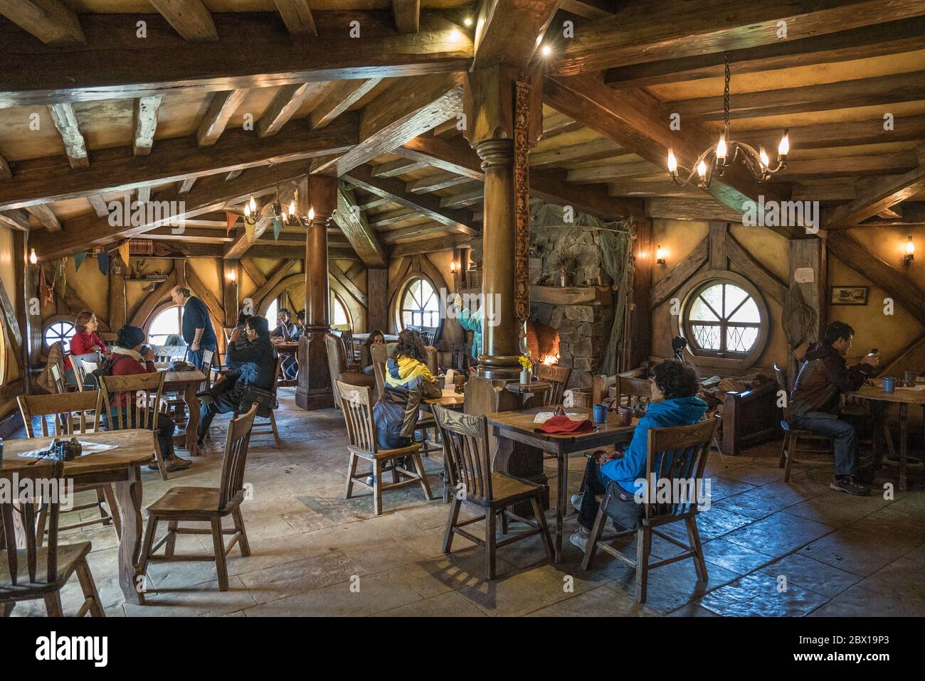 Interior of the rebuild filmset Hobbiton Restaurant in New Zealand Stock Photo