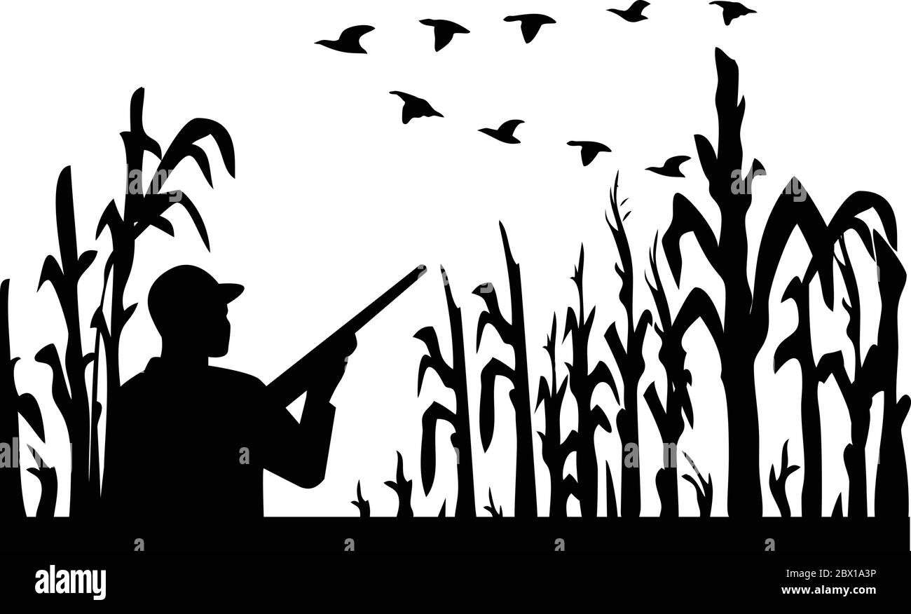 Retro black and white style illustration of a silhouette duck or bird hunter with rifle in flooded cornfield with corn stalks on isolated white backgr Stock Vector