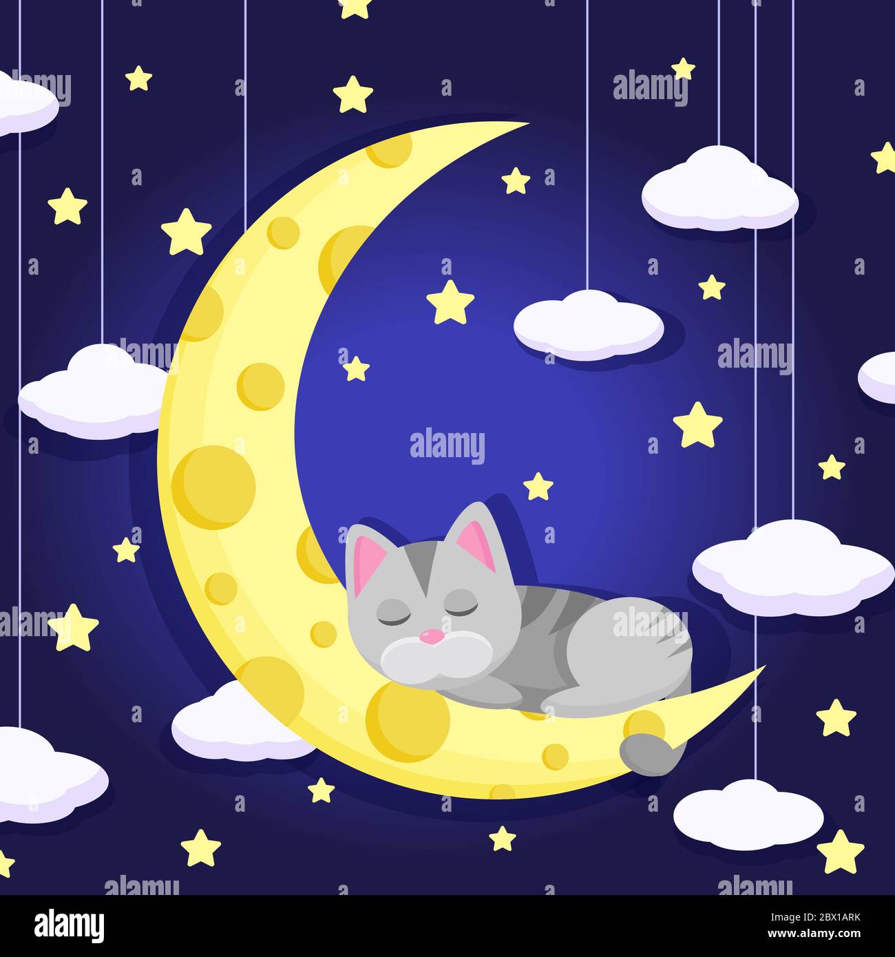 Cute cat sleeping on the moon. Good night design concept. Childish vector illustration. Cartoon kitten seating on half moon on midnight. Cat dreaming Stock Vector