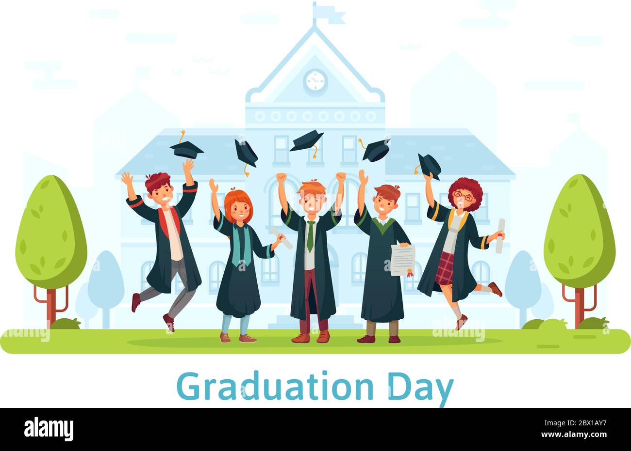 Graduation day, happy students celebrating and jumping Stock Vector