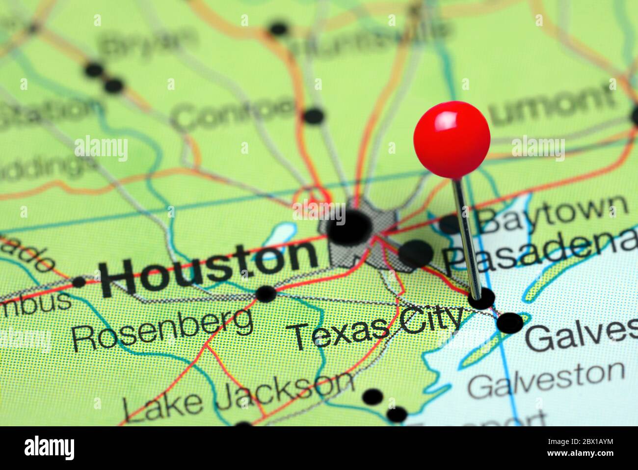 Texas City pinned on a map of Texas, USA Stock Photo