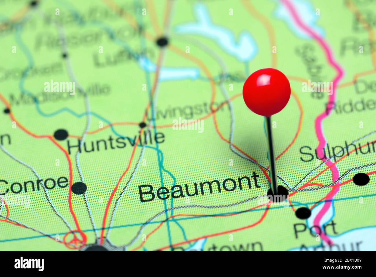 Beaumont pinned on a map of Texas, USA Stock Photo