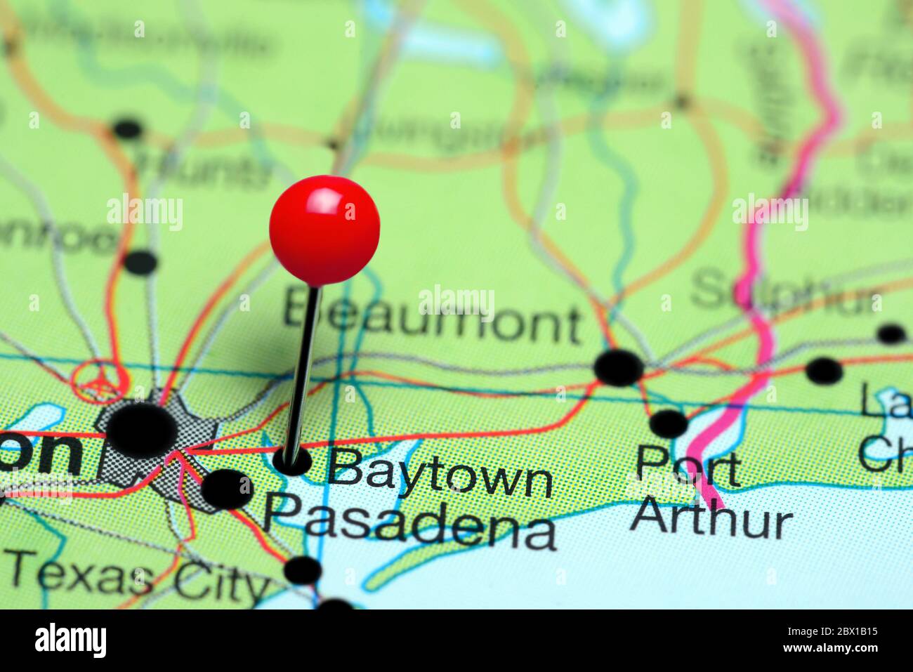 Baytown pinned on a map of Texas, USA Stock Photo