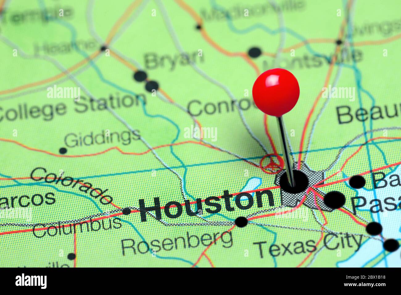 Houston pinned on a map of Texas, USA Stock Photo