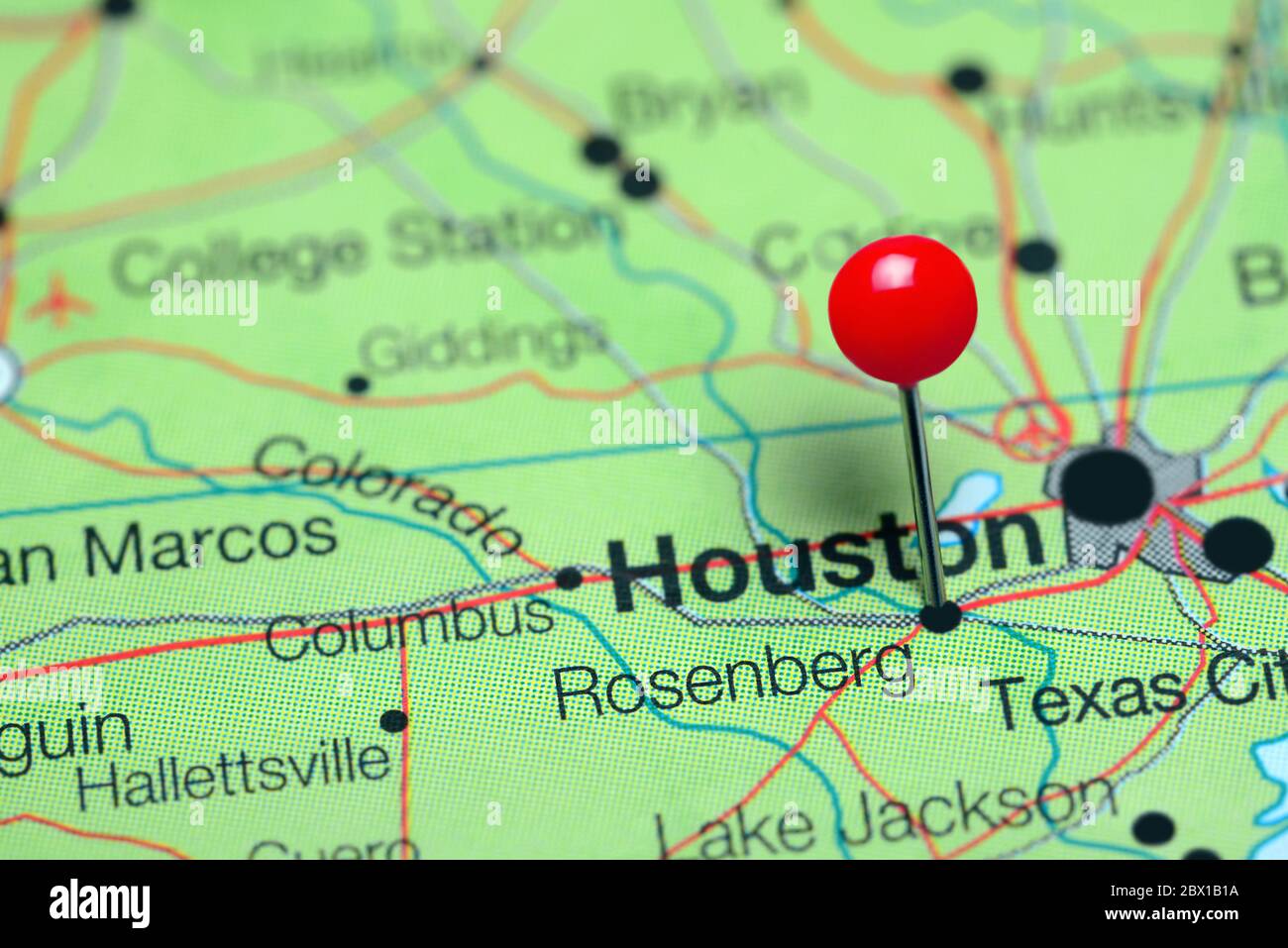 Rosenberg pinned on a map of Texas, USA Stock Photo