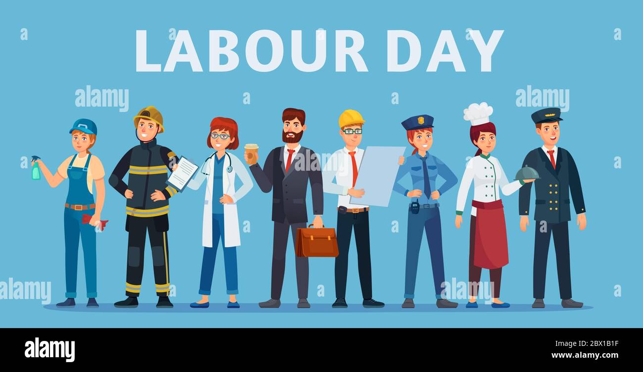 Labour day. Professional workers group, happy professionals of different jobs standing together and Labor Day poster or greeting card vector Stock Vector