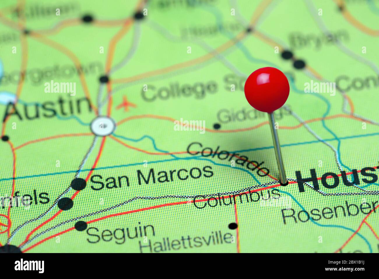Columbus pinned on a map of Texas, USA Stock Photo