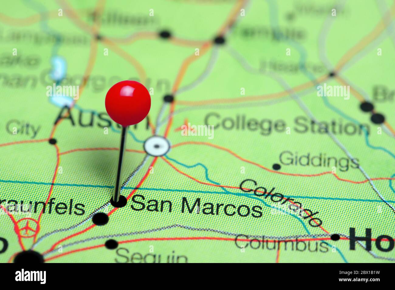 San Marcos pinned on a map of Texas, USA Stock Photo
