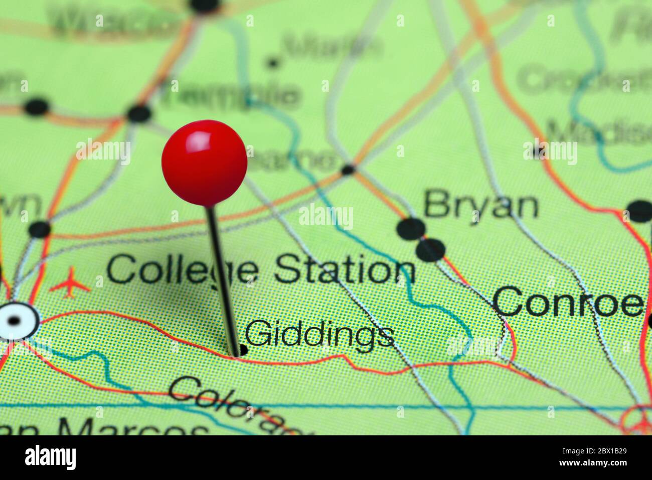 Giddings pinned on a map of Texas, USA Stock Photo