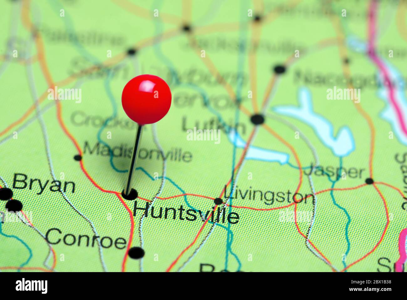 Huntsville pinned on a map of Texas, USA Stock Photo