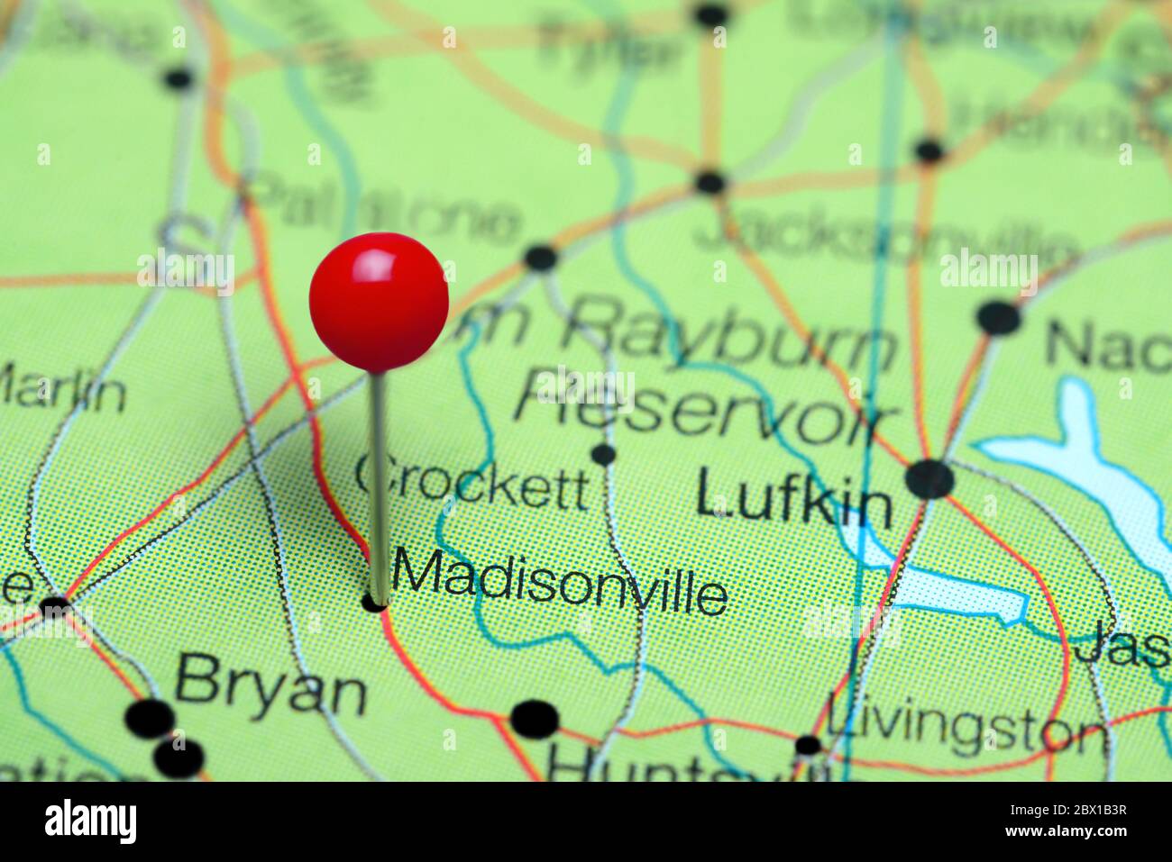 Madisonville pinned on a map of Texas, USA Stock Photo