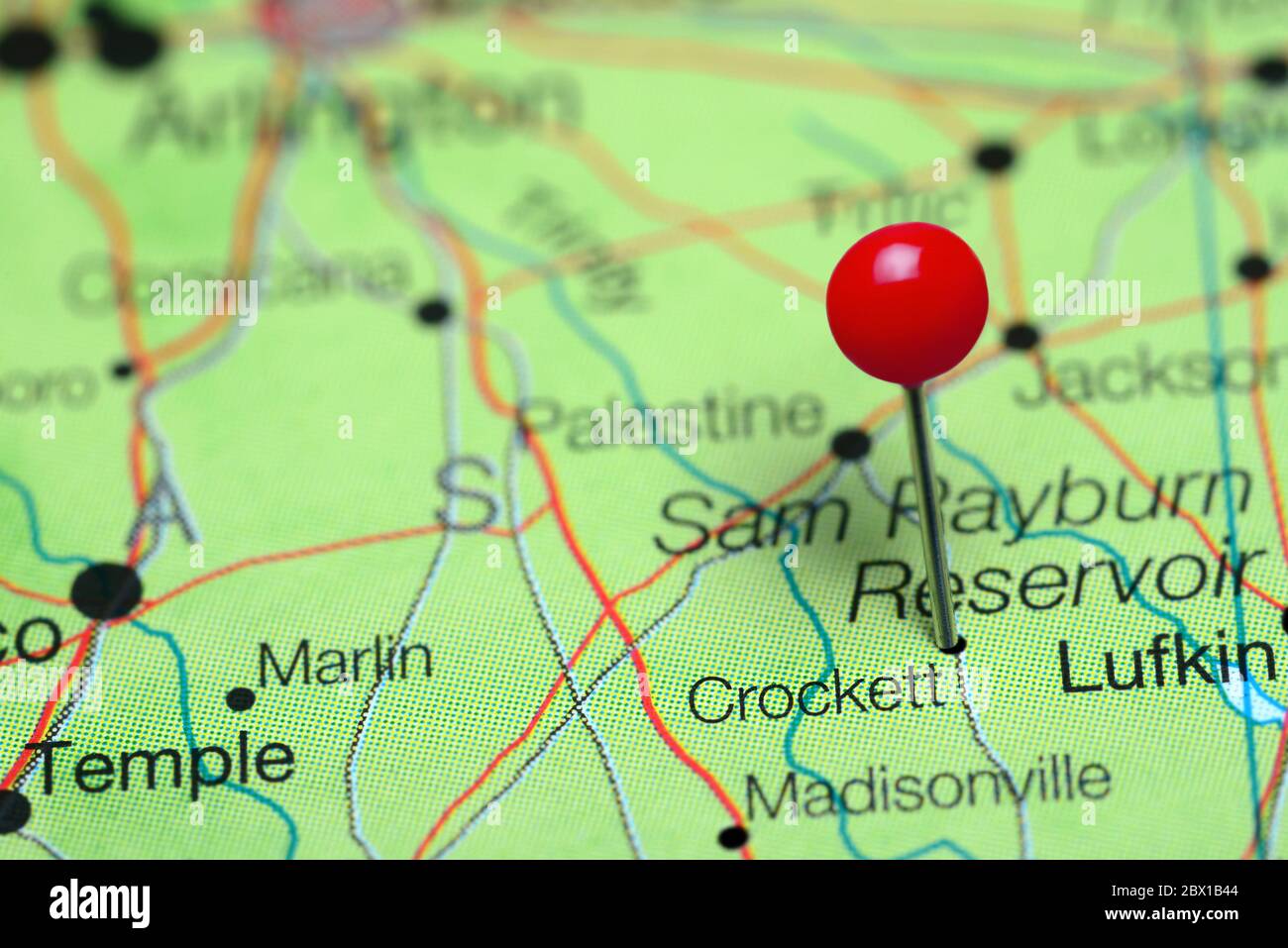 Crockett pinned on a map of Texas, USA Stock Photo