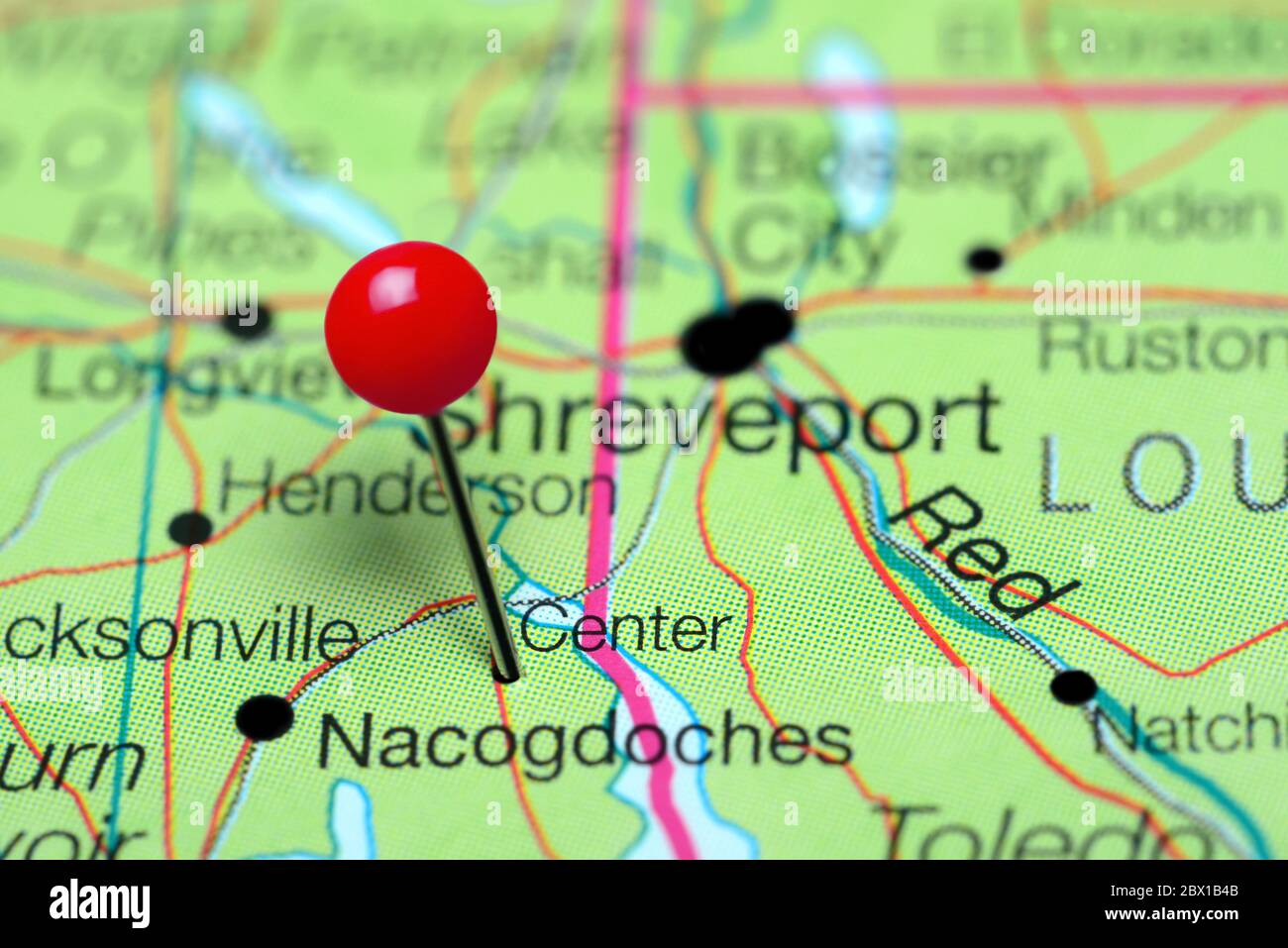 Center pinned on a map of Texas, USA Stock Photo
