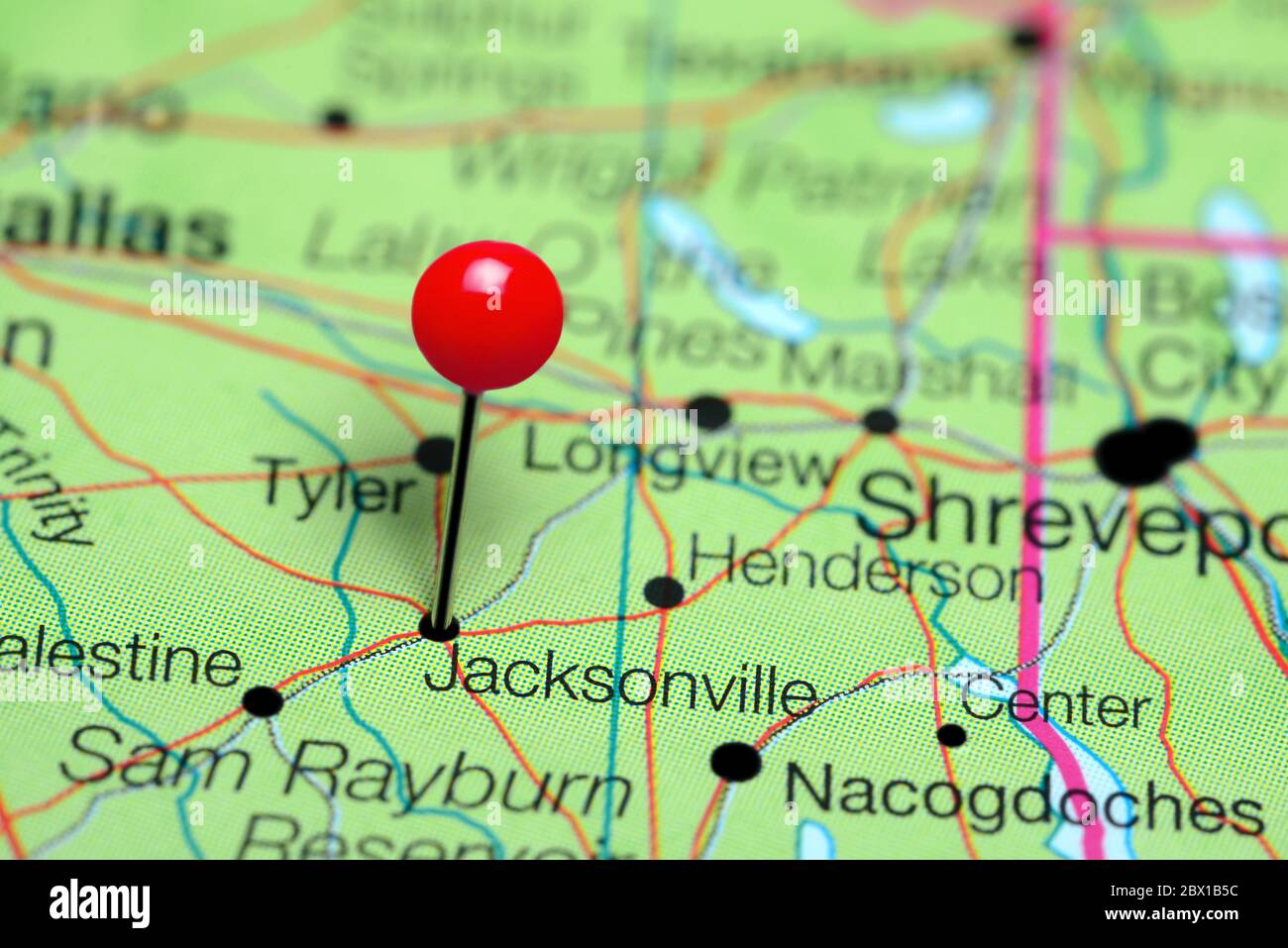 Jacksonville pinned on a map of Texas, USA Stock Photo