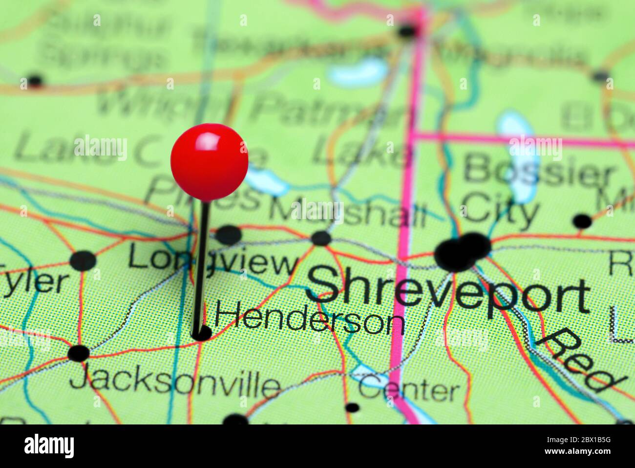 Henderson pinned on a map of Texas, USA Stock Photo