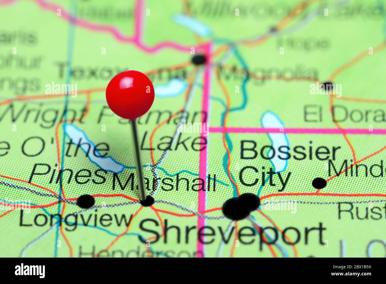 Marshall pinned on a map of Texas, USA Stock Photo