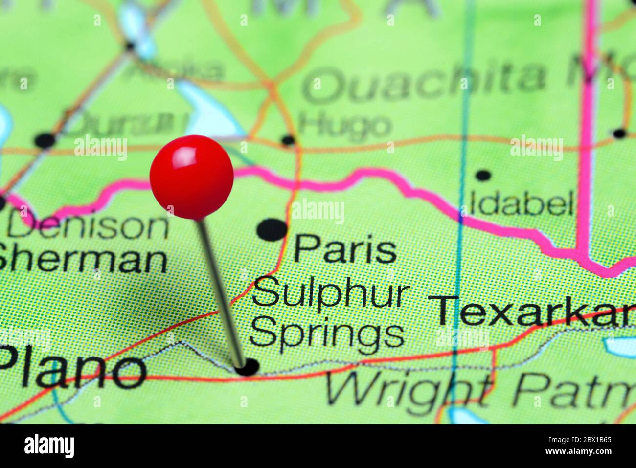 Sulphur Springs pinned on a map of Texas, USA Stock Photo