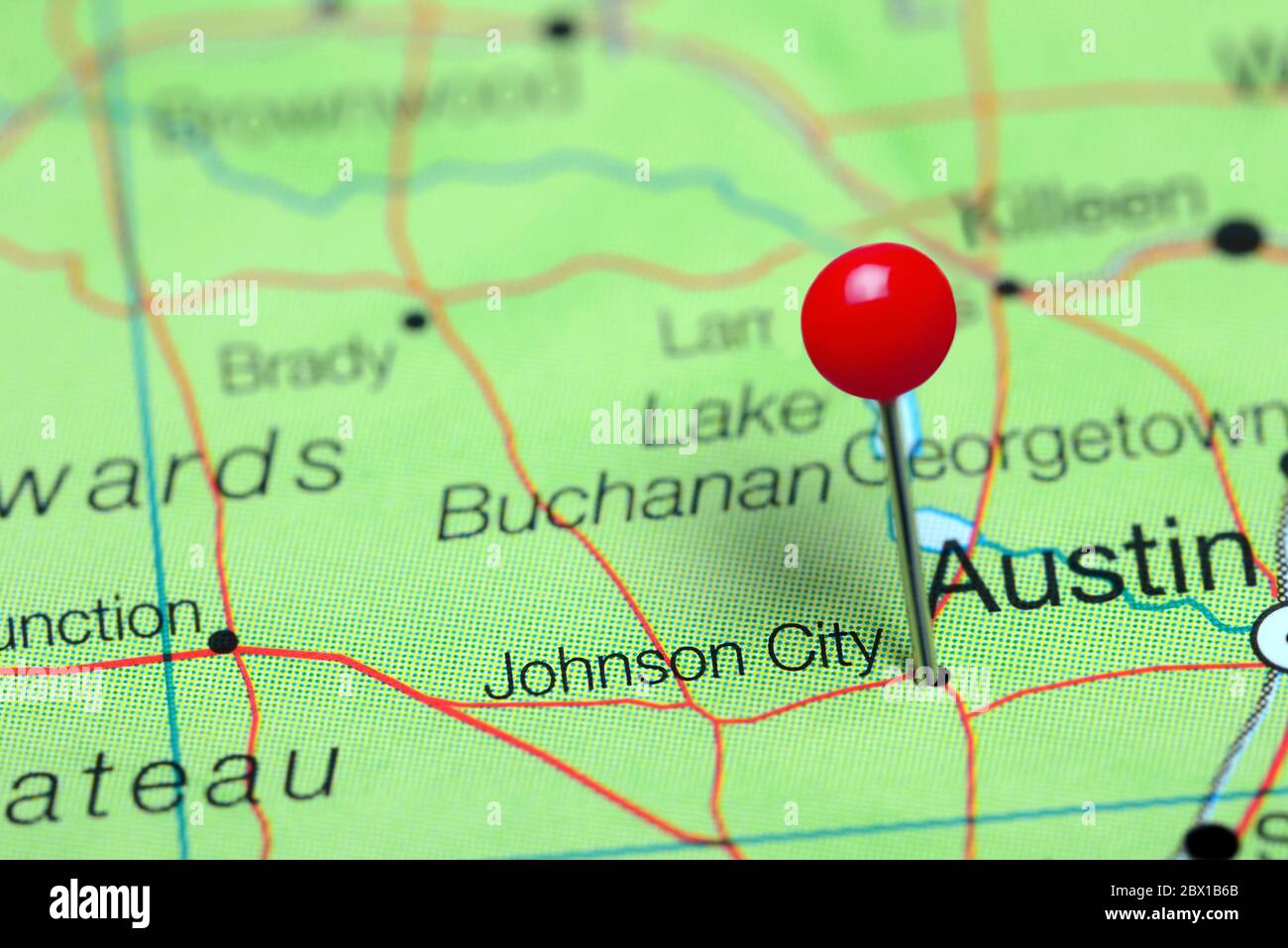 Johnson City pinned on a map of Texas, USA Stock Photo