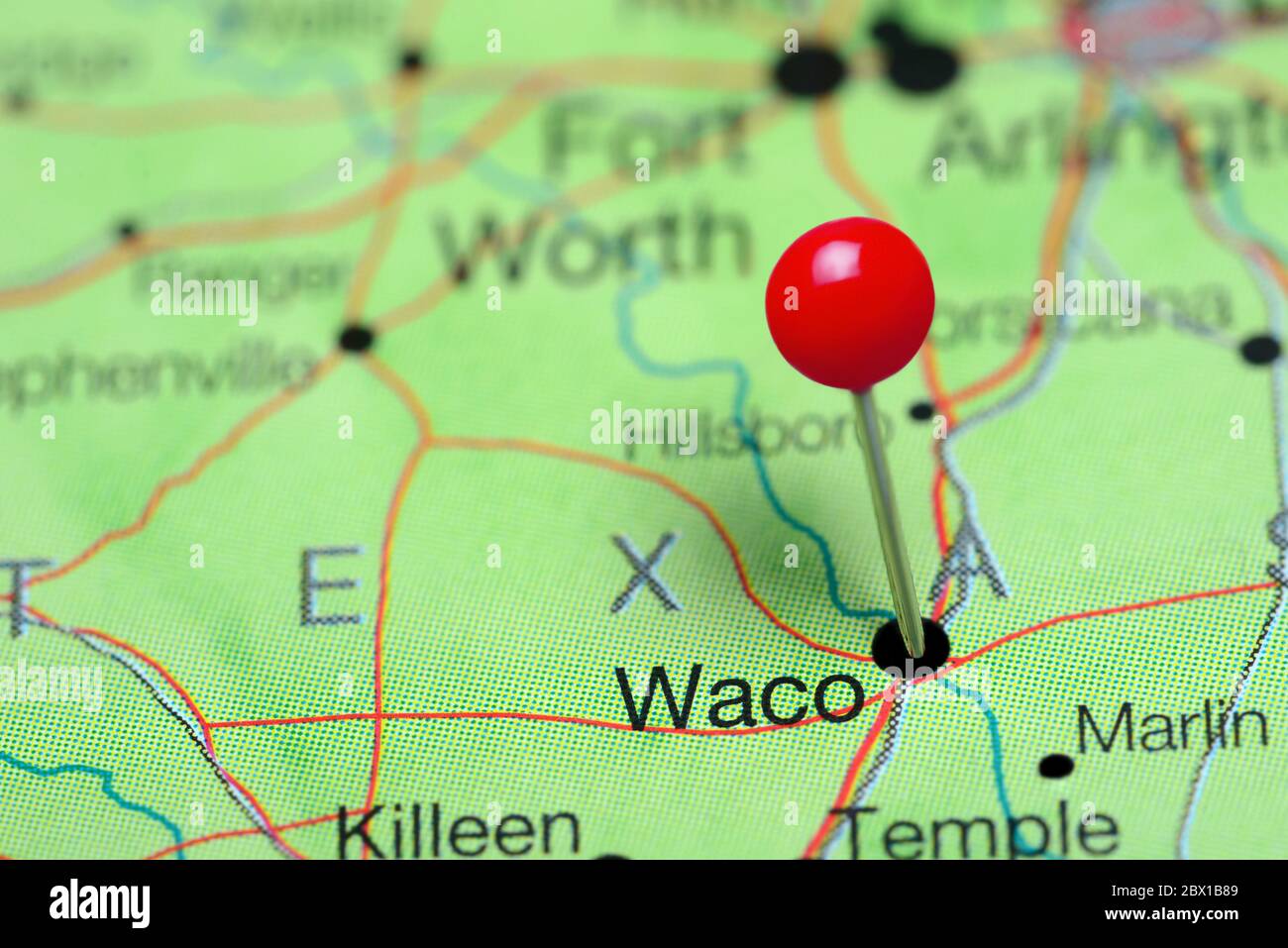 Waco pinned on a map of Texas, USA Stock Photo