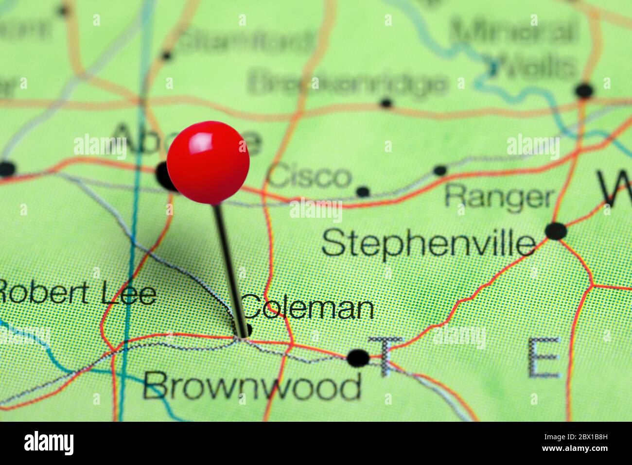 Coleman pinned on a map of Texas, USA Stock Photo