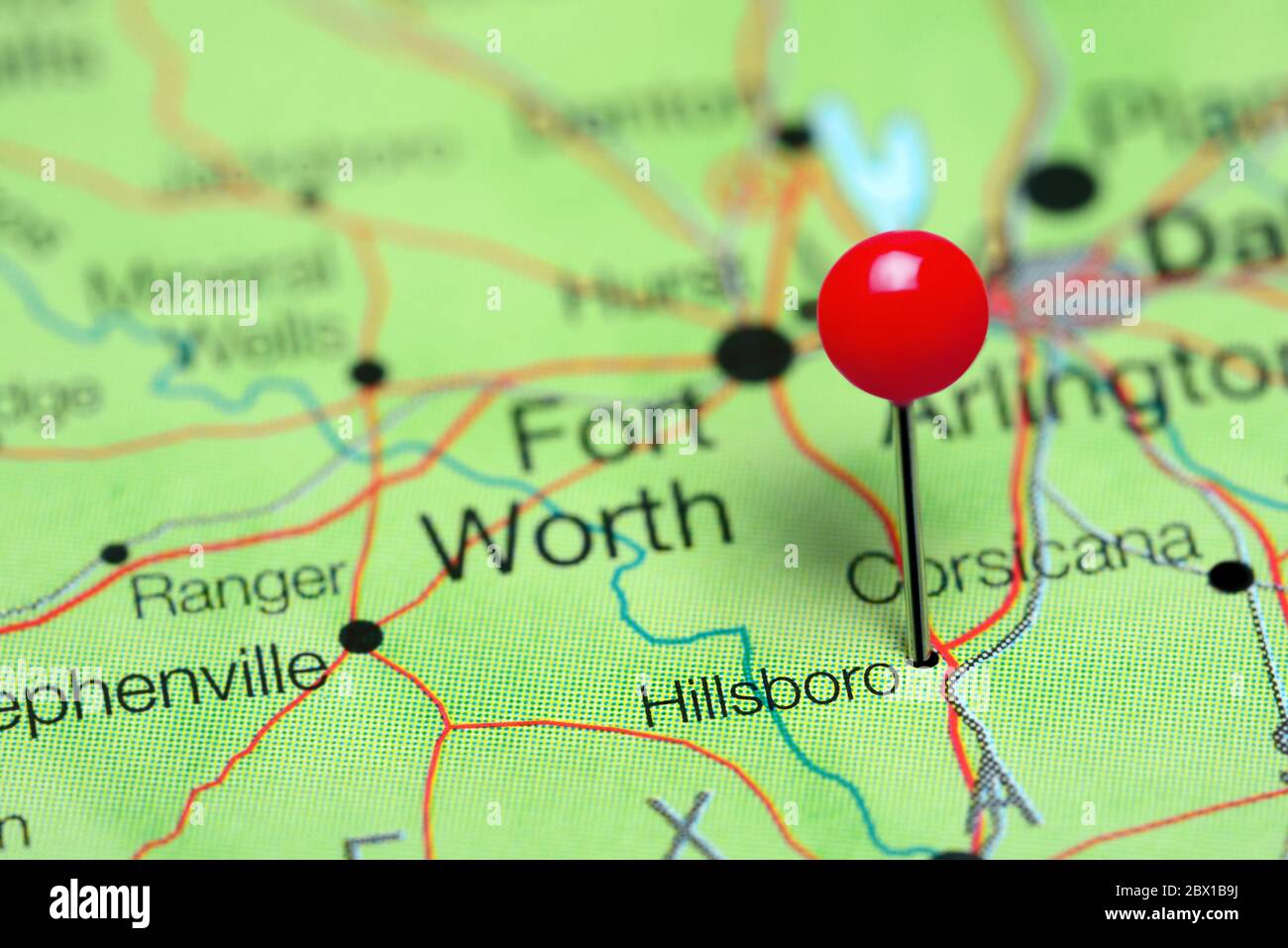 Hillsboro pinned on a map of Texas, USA Stock Photo