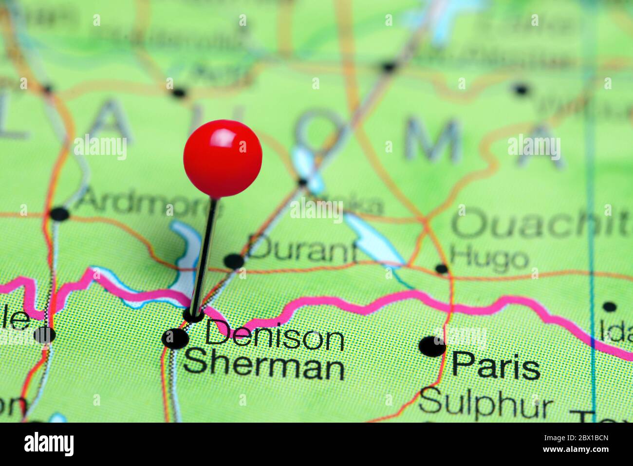 Denison pinned on a map of Texas, USA Stock Photo