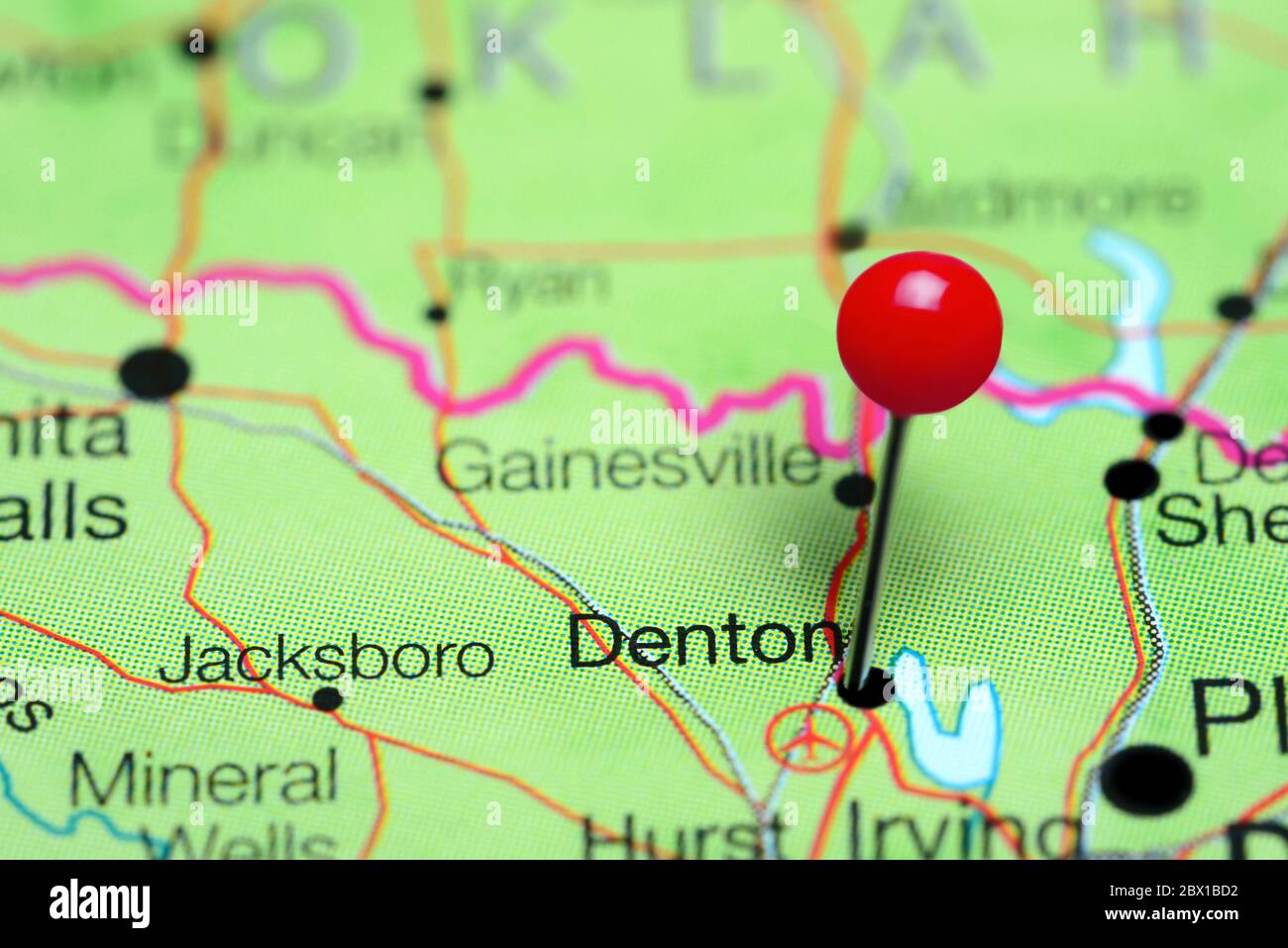 Denton pinned on a map of Texas, USA Stock Photo