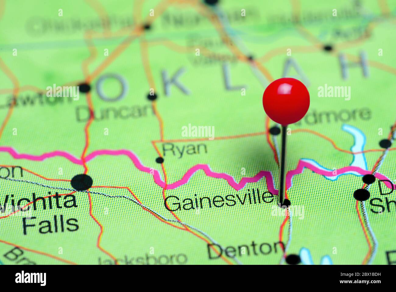 Gainesville pinned on a map of Texas, USA Stock Photo