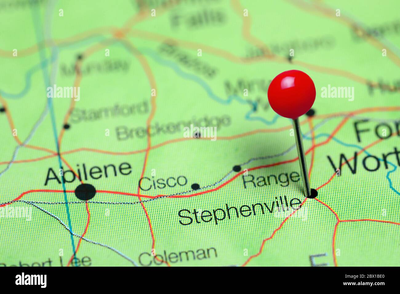 Stephenville pinned on a map of Texas, USA Stock Photo