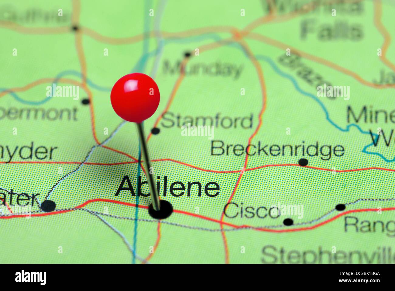 Abilene pinned on a map of Texas, USA Stock Photo