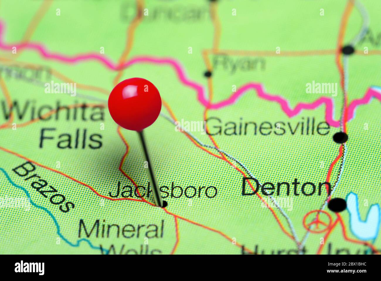 Jacksboro pinned on a map of Texas, USA Stock Photo